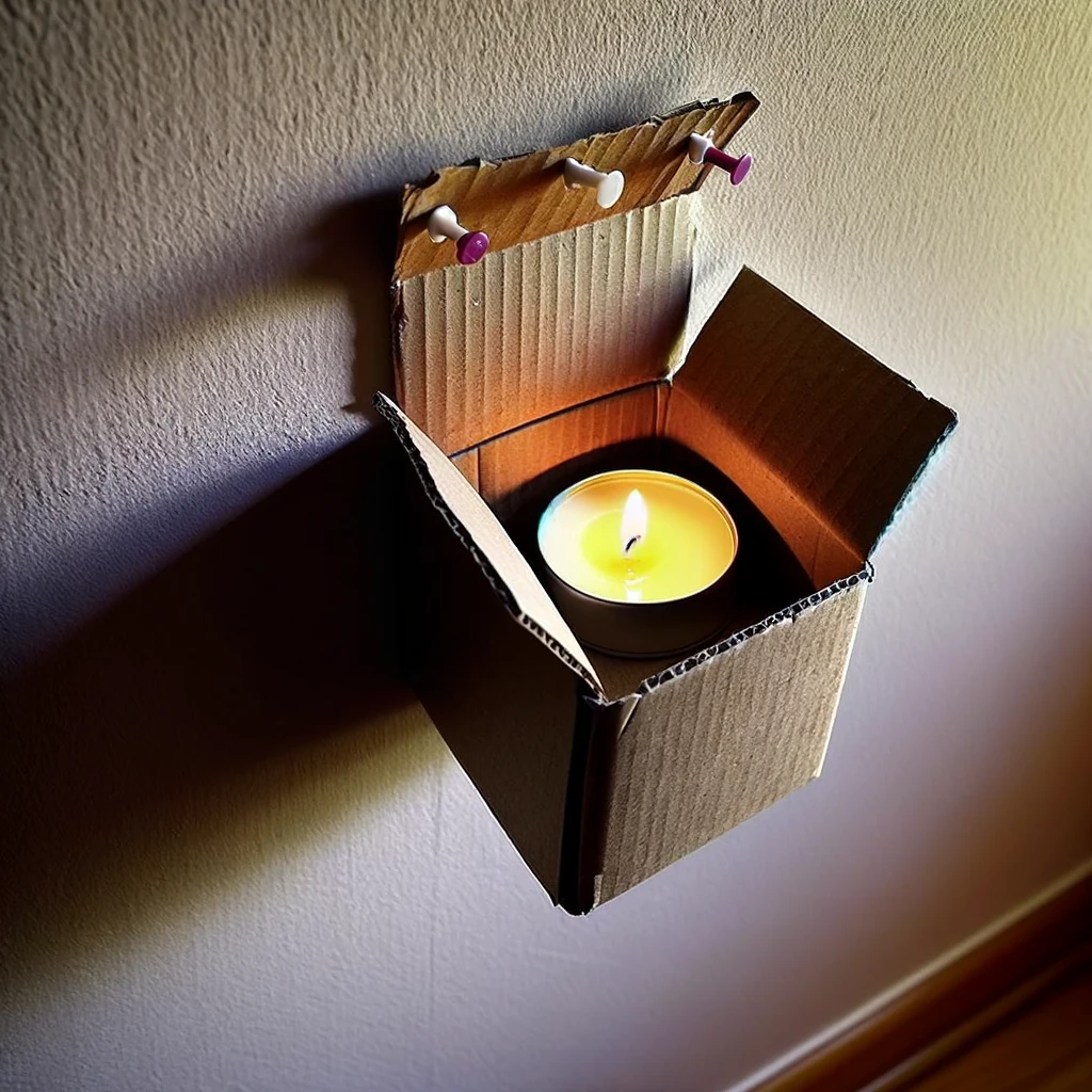 A unique and creative setup shows an empty box, once containing thumbtacks, now repurposed to hold a small, lit tea-type candle. The box is ingeniously attached to a sheetrock wall, with its lid's flap laid flat against the wall and secured with thumbtacks. The open box dangles below, warmly illuminating the candle within. This image captures the inventive transformation of mundane objects into a striking wall-mounted candle holder, highlighting a clever solution to repurposing everyday items for decorative lighting.