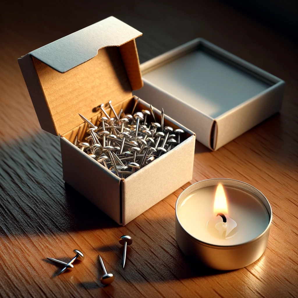 An inventive display showing a small tea-type candle nestled inside an empty thumbtack box, which is suspended against a sheetrock wall. The box's lid, equipped with a flap, is laid flat and pinned directly to the wall with thumbtacks, allowing the box to hang open beneath it. The scene is captured from a close distance, emphasizing the creative reuse of everyday items to create a unique and warm visual. The gentle light from the candle adds a cozy atmosphere to the setup.