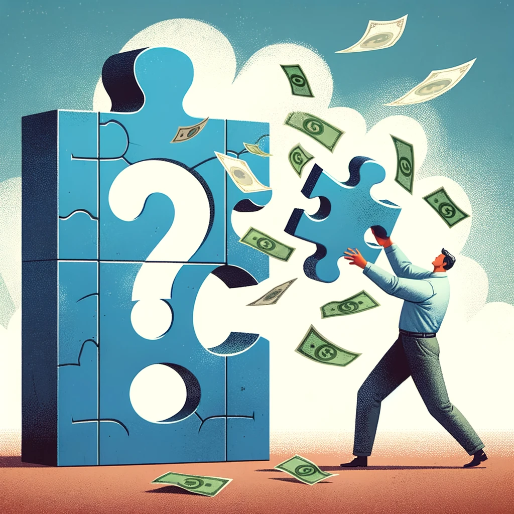 An illustrative image depicting a man in the act of throwing paper money at a large, abstract representation of a problem, symbolized by a giant question mark. The man, dressed casually, appears determined yet somewhat perplexed by the inefficacy of his actions. Paper bills are captured in mid-air, creating a dynamic scene that visually represents the concept of attempting to solve complex issues with financial resources alone. The humorous tone of the image underscores the message that not all problems can be resolved by simply spending money.